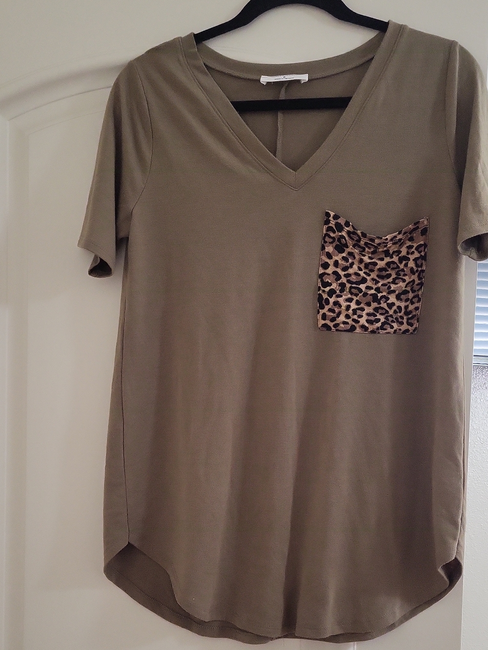 Zenana Outfitters Olive V‑Neck Short Sleeve Top with Leopard Pocket